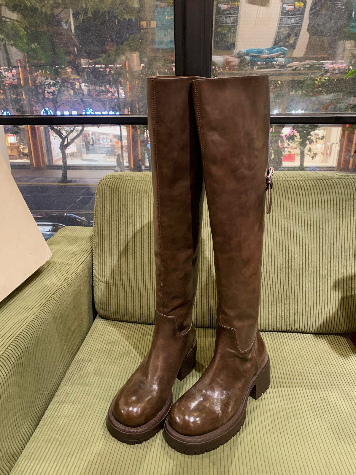 Hair Grape Mom British Style Round Toe Slimming Chunky Women's Leather Boots