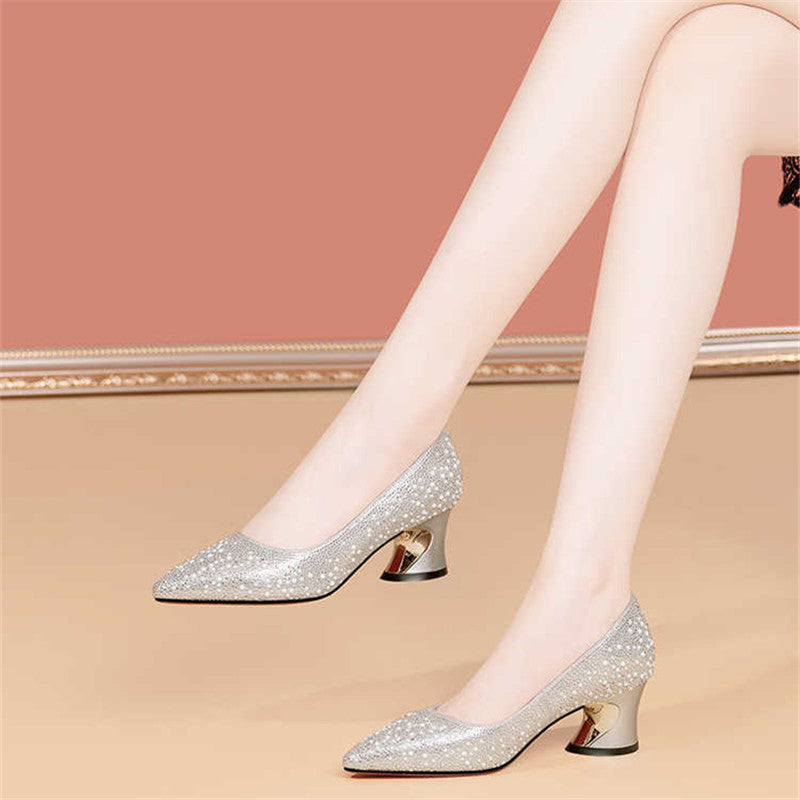 Women's Layer Cowhide Rhinestone High Mother-in-law Wedding Spring Women's Shoes