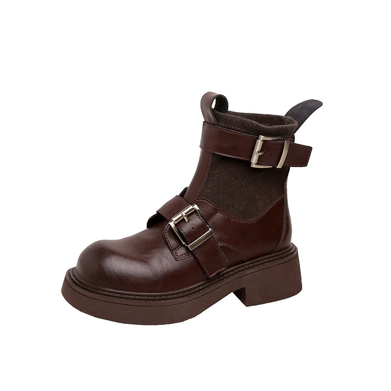 Women's British Style Retro Belt Buckle Chunky Boots