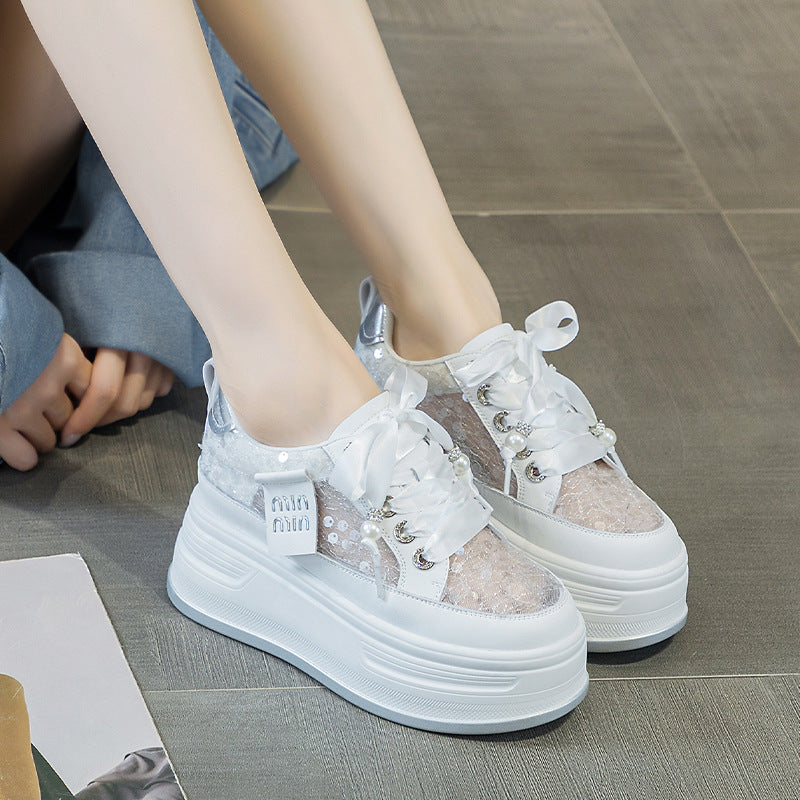 Thick Bottom Height Increasing Insole Mesh Breathable White Sequins Casual Shoes