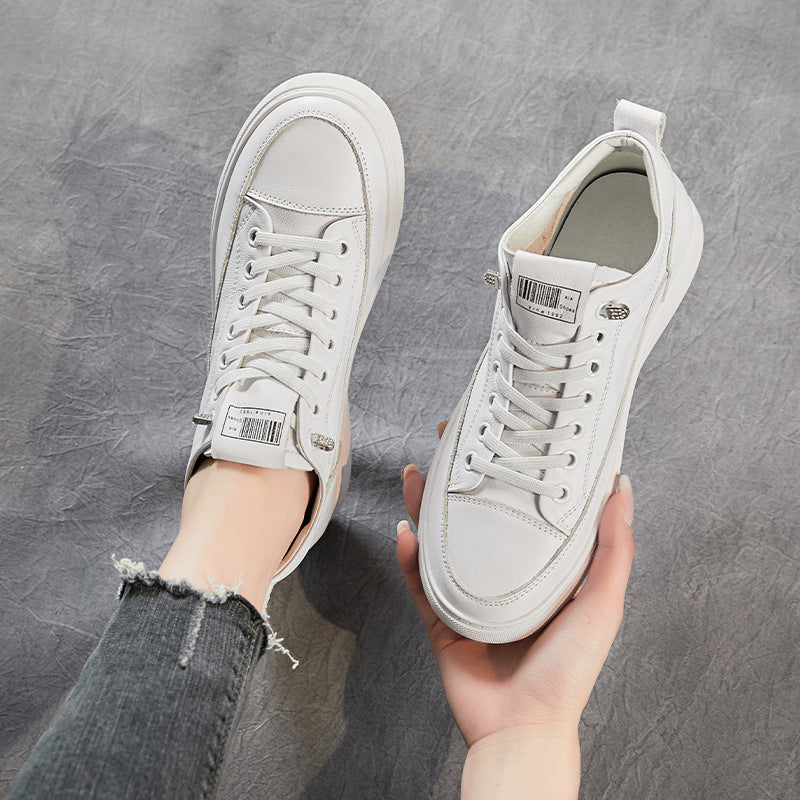 Women's First Layer Cowhide White Sports Flat Casual Shoes