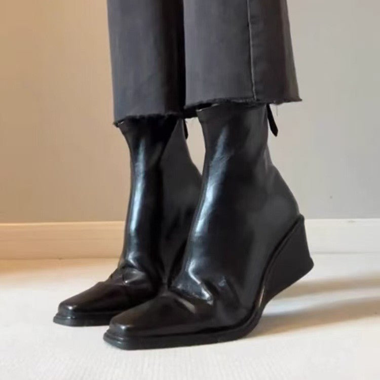 Women's Wedge Elegant Square Toe Skinny Winter High Stretch Women's Leather Boots