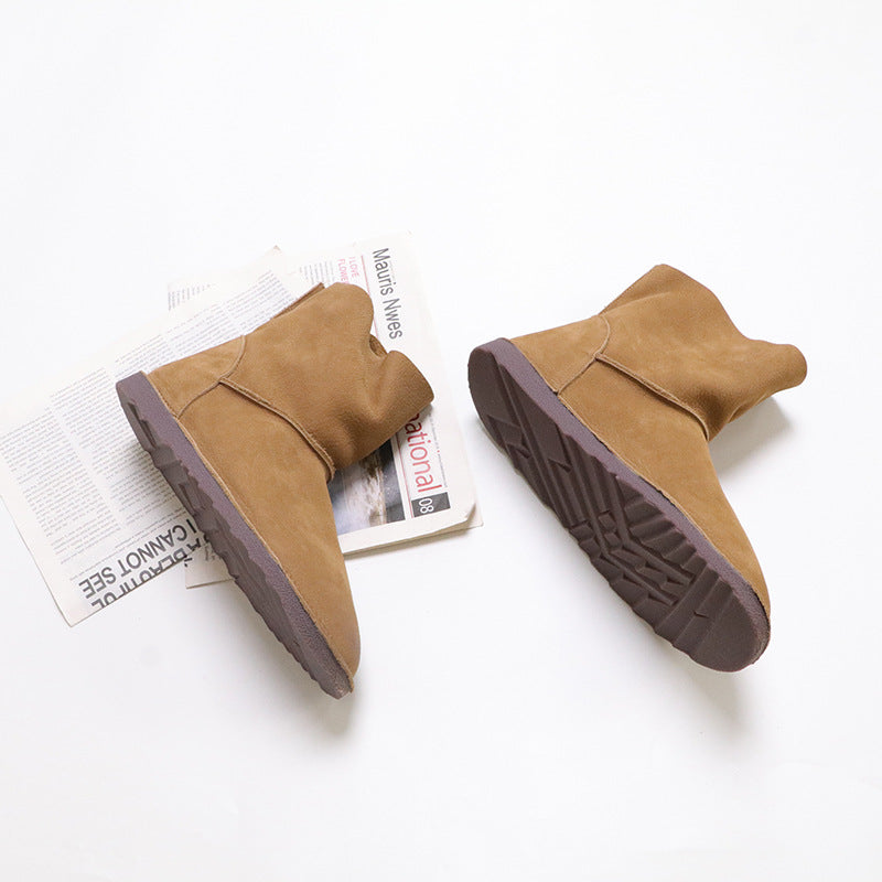 Women's Layer Cowhide Flat Fleece Simple Cotton Linen Style Cozy Snow Boots