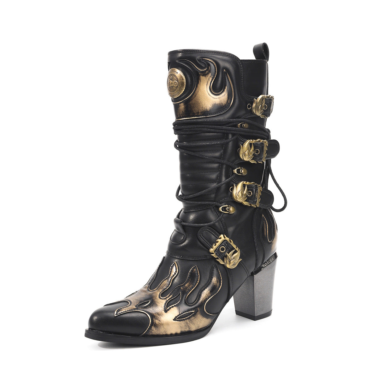 American Size Brushed Flame Middle Side Zipper Fashion Retro High Women's Leather Boots