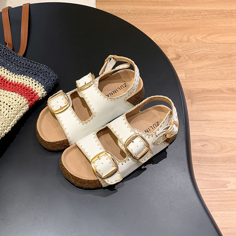 Women's Cowhide Version Platform Belt Buckle Outdoor Slippers