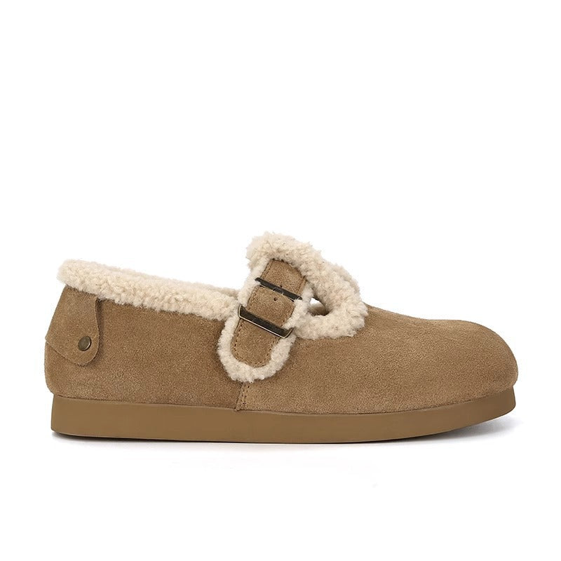 Women's Cowhide Version Fleece-lined Winter Mori Style Retro Round Women's Shoes