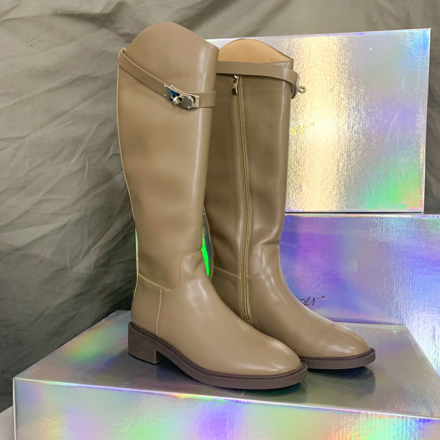 Second Hair Korean Style Slimming Oblique Lock Side Zipper Chunky Women's Leather Boots