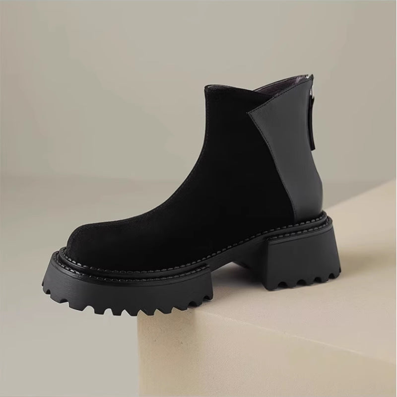Women's Retro Round Head Genuine Platform Ankle Frosted Elevator Wild Women's Leather Boots