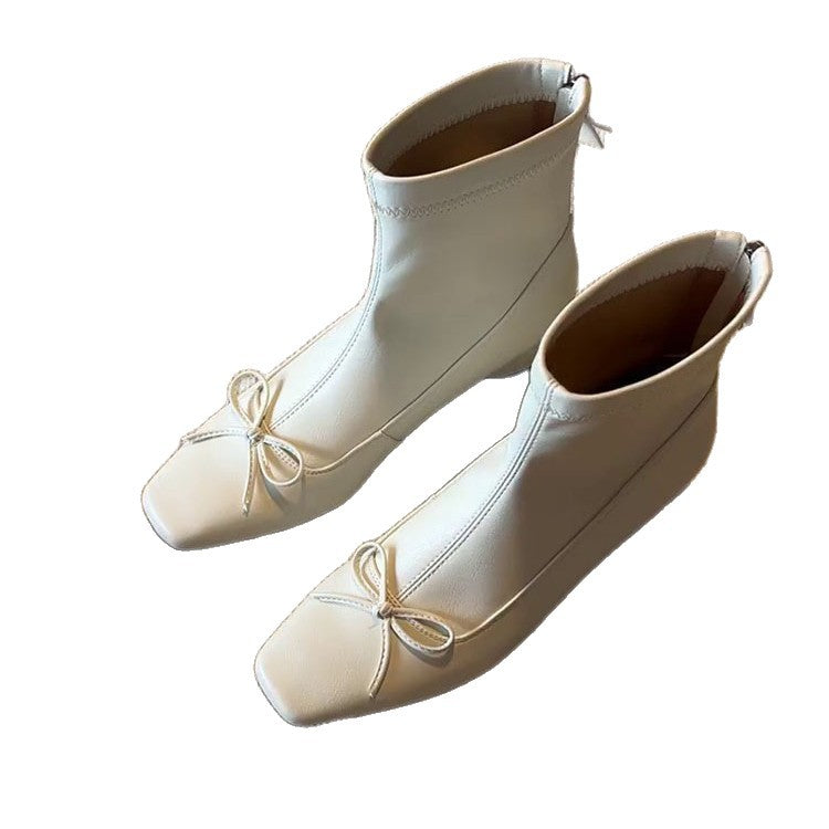 Women's Height Increasing Insole Niche Stretch Thin Ballet Style French Bow Women's Leather Boots