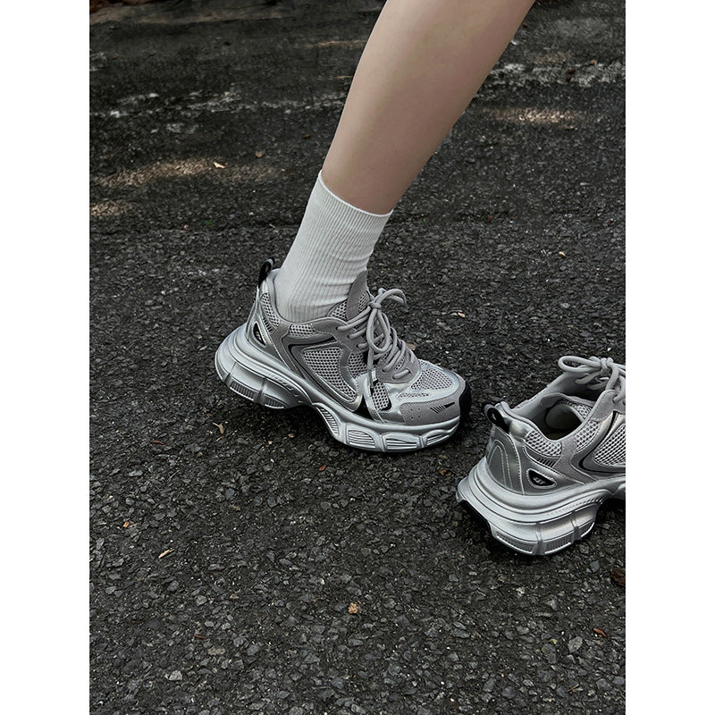 Women's Thick Sole Increased Sier Gray Lace Up Daddy Sneakers