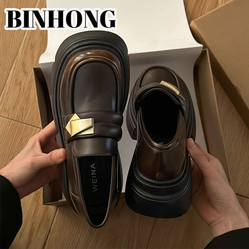 Women's Platform Spring Slip-on Pumps Height Increasing Leather Shoes