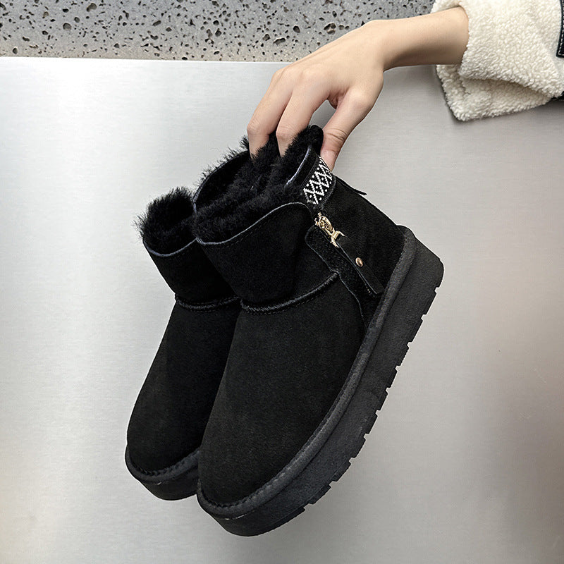 Women's Zip Platform Ethnic Style Fleece-lined Double Face Short Snow Boots