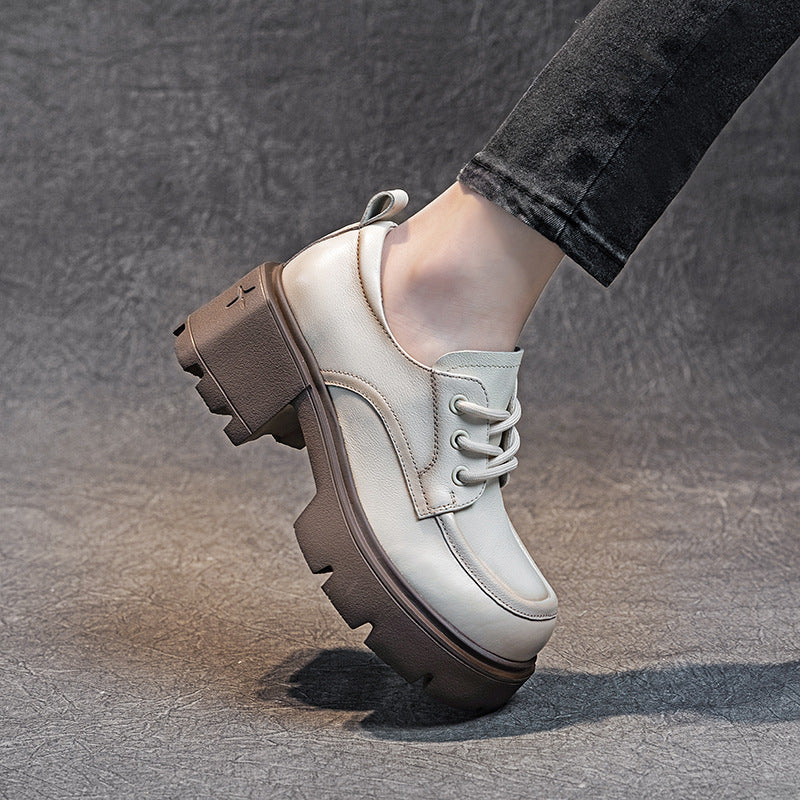 Women's Cowhide Authentic Platform Thick Bottom Lace Casual Shoes