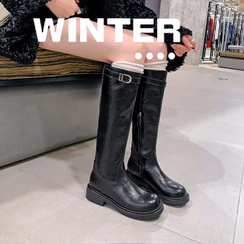 Washed Cowhide Thick Bottom Belt Buckle Tall Boots