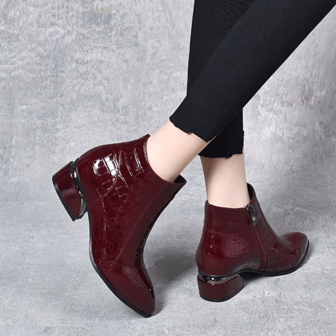 Women's Short Patent Cowhide Single Low Martin British Women's Leather Boots