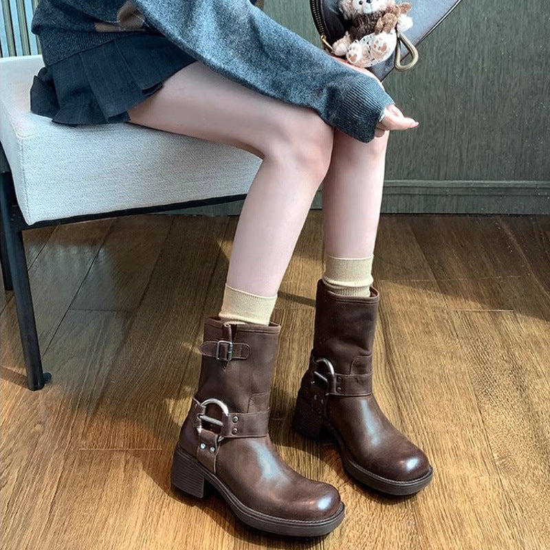 Grape Mom Punk Sweetheart Metal Buckle Round Toe Vintage Boots