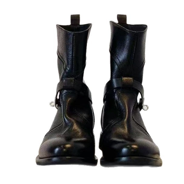 Women's Soft Round Head Chunky British Style Metal Buckle Versatile Women's Leather Boots