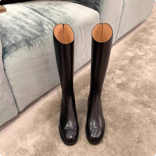 Winter Embroidery Camellia Genuine Back Zipper Long Female Women's Leather Boots