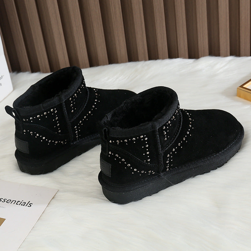 Women's Hot Drilling Round Head Plus Veet Warm Snow Boots