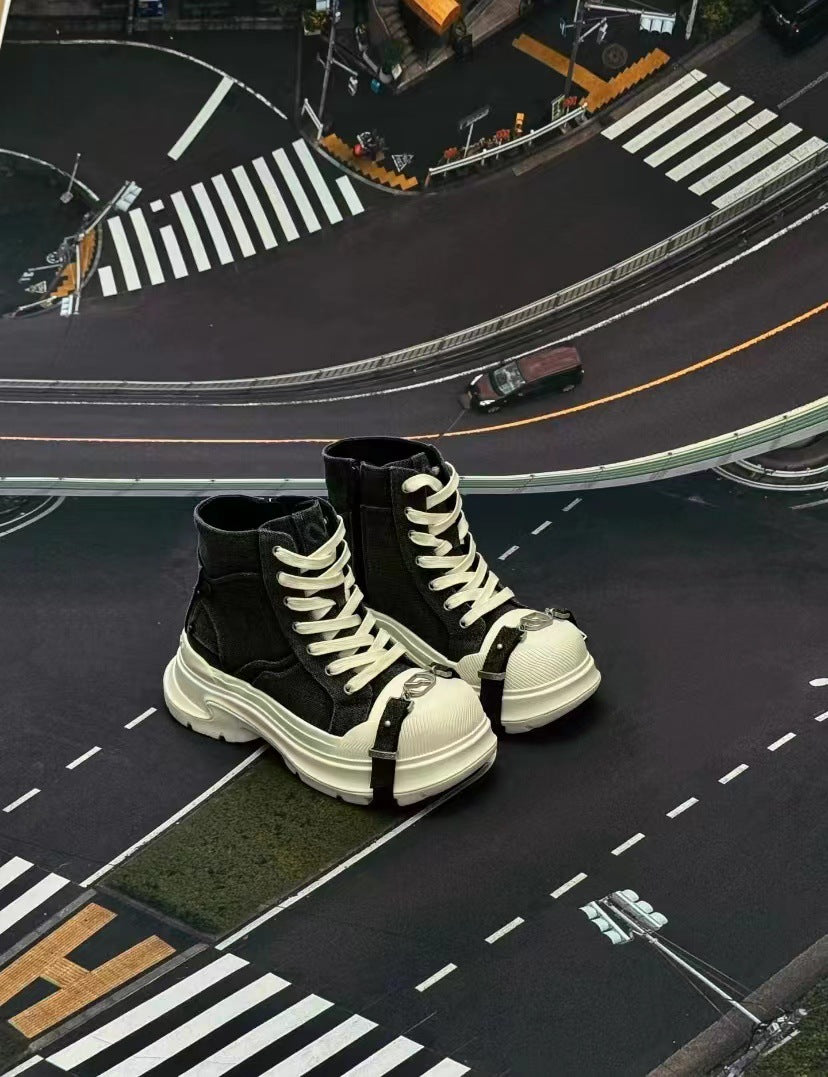 Women's Black White Thick Sole Increased Bandage Casual Shoes