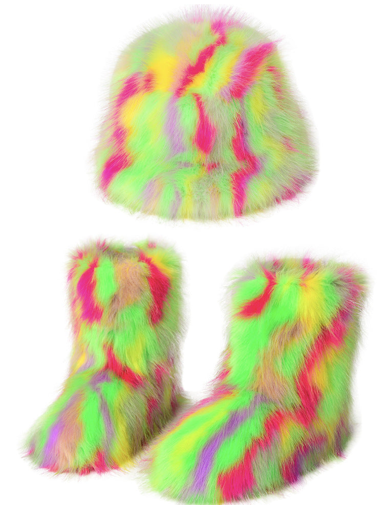 Women's Plush Suit Colorful Fur Bucket Hat Warm Snow Boots