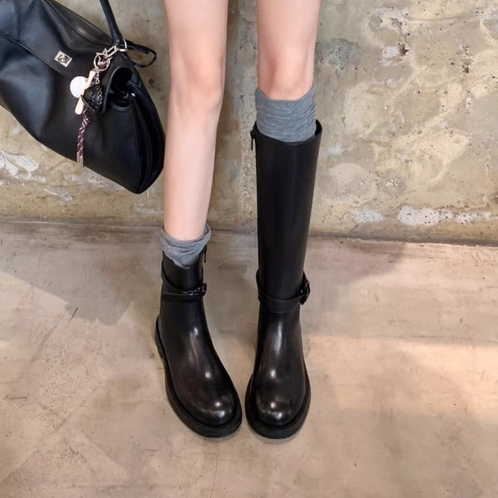 Winter Long Biker Detachable Two-way Buckle Boots