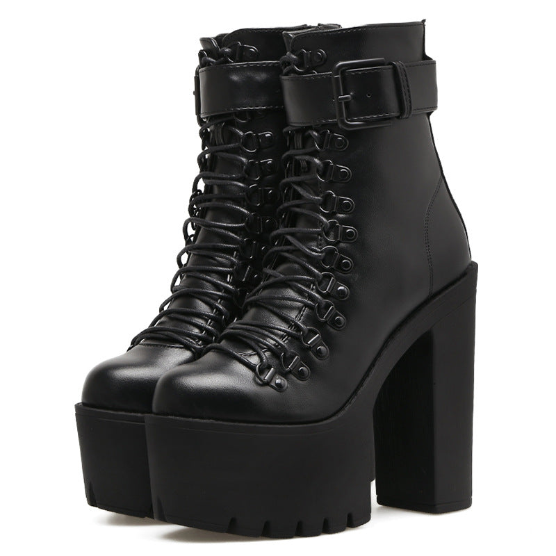 Women's High Platform Black Ankle Chunky Winter Women's Leather Boots