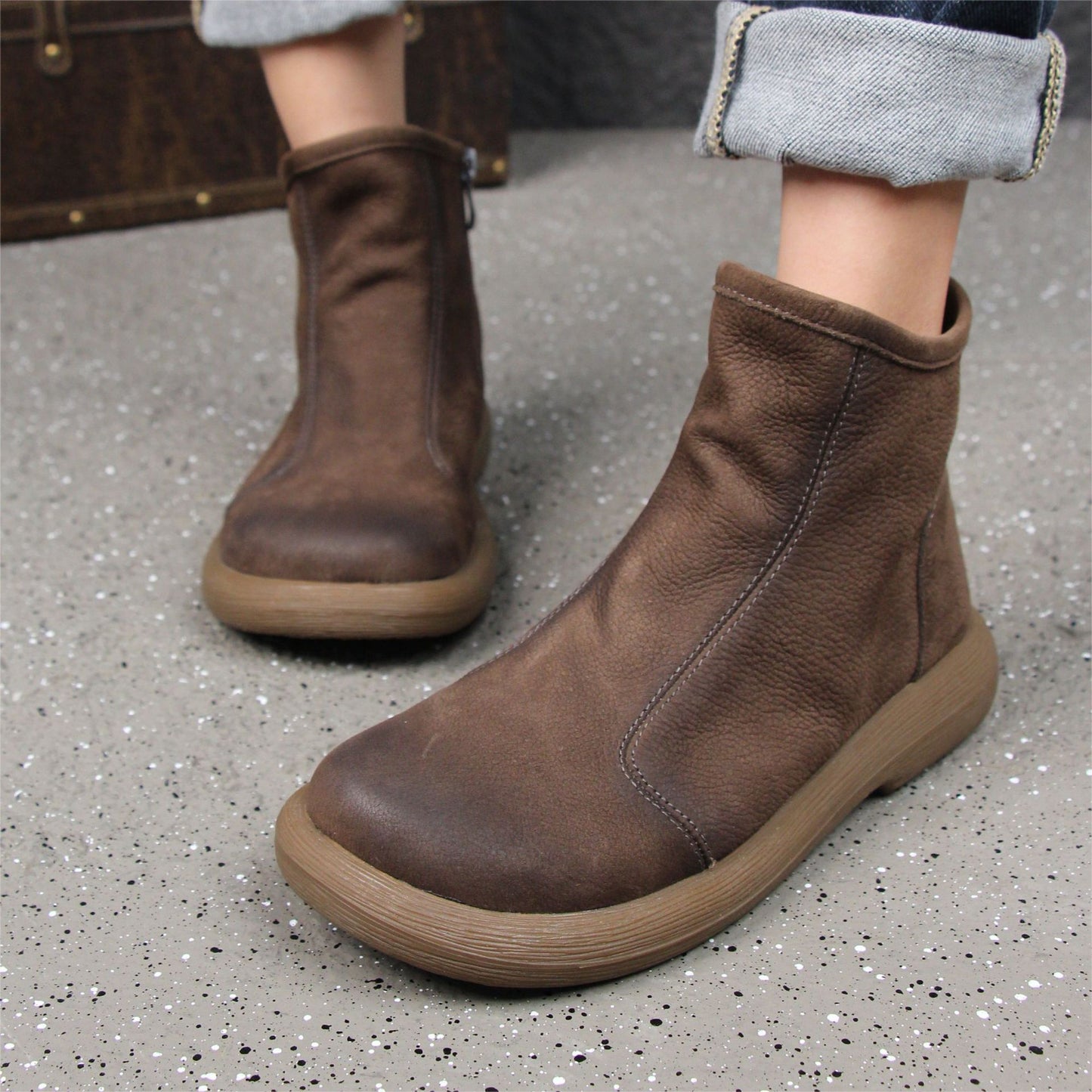 Women's Cowhide Retro Round Toe Side Zipper Short Boots