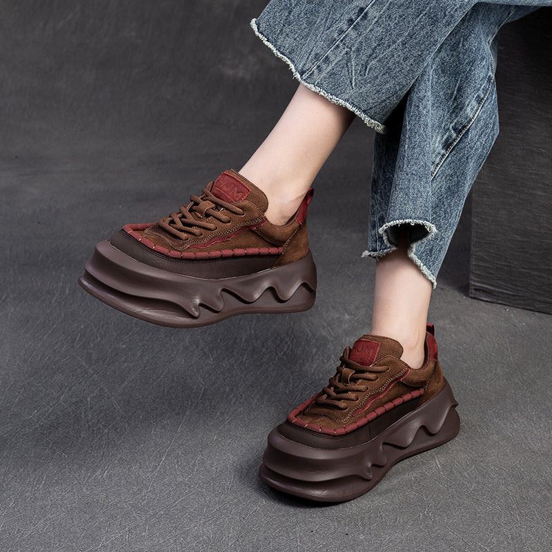 Women's Autumn Handmade Round Toe Platform Pumps Retro Casual Shoes