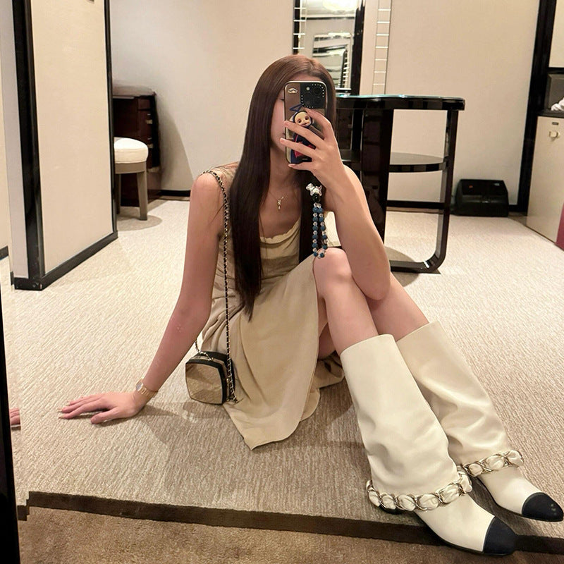 Women's Classic Style Pantyhose For High Versatile Knee-high Mid Short Women's Leather Boots
