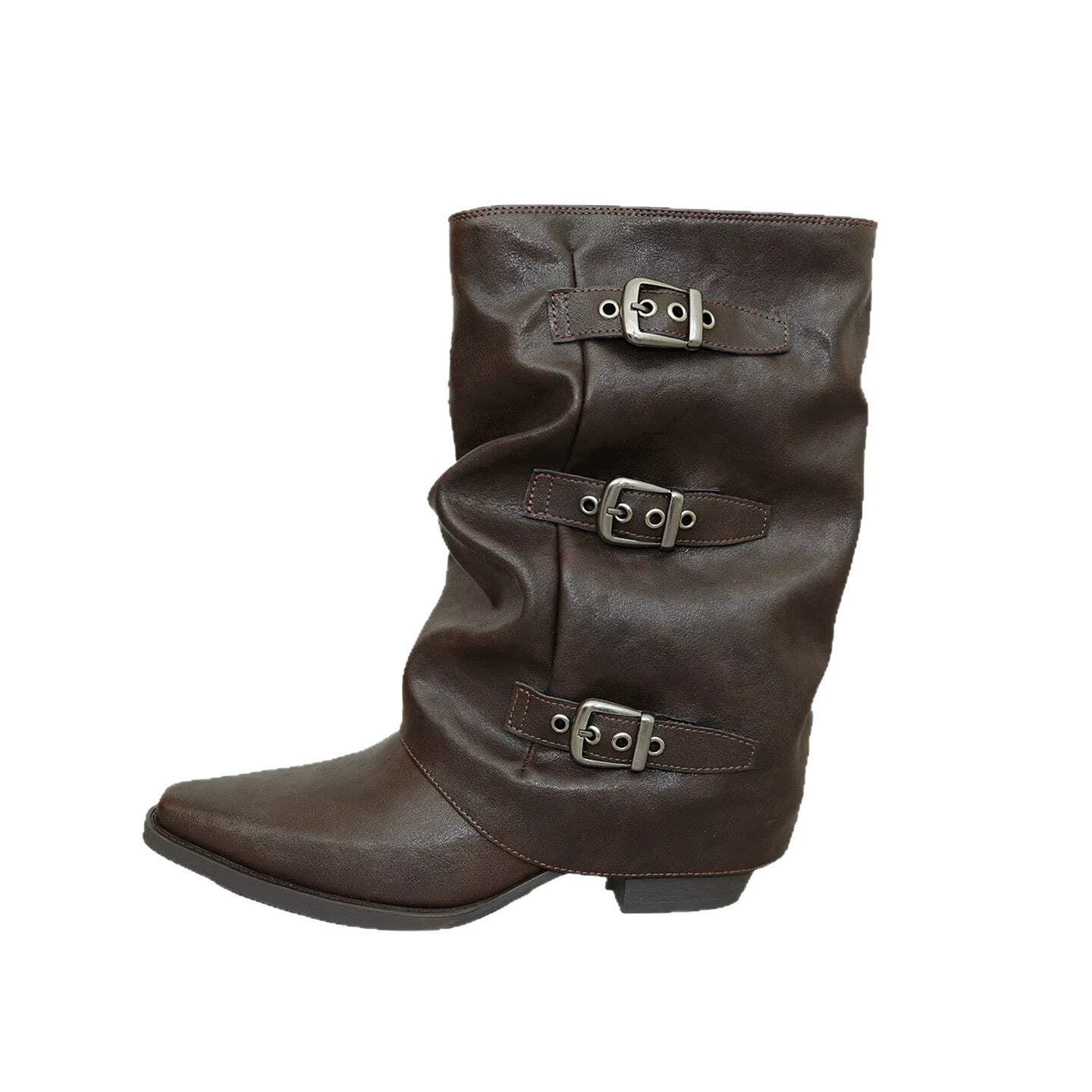 Women's Pointed Toe Middle Belt Buckle Chunky Knight Pleated Pile Women's Leather Boots