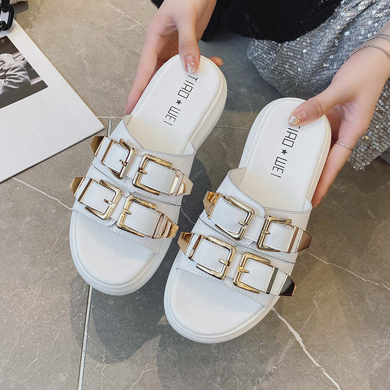 Summer First Layer Cowhide Double Buckle Half Height Slippers