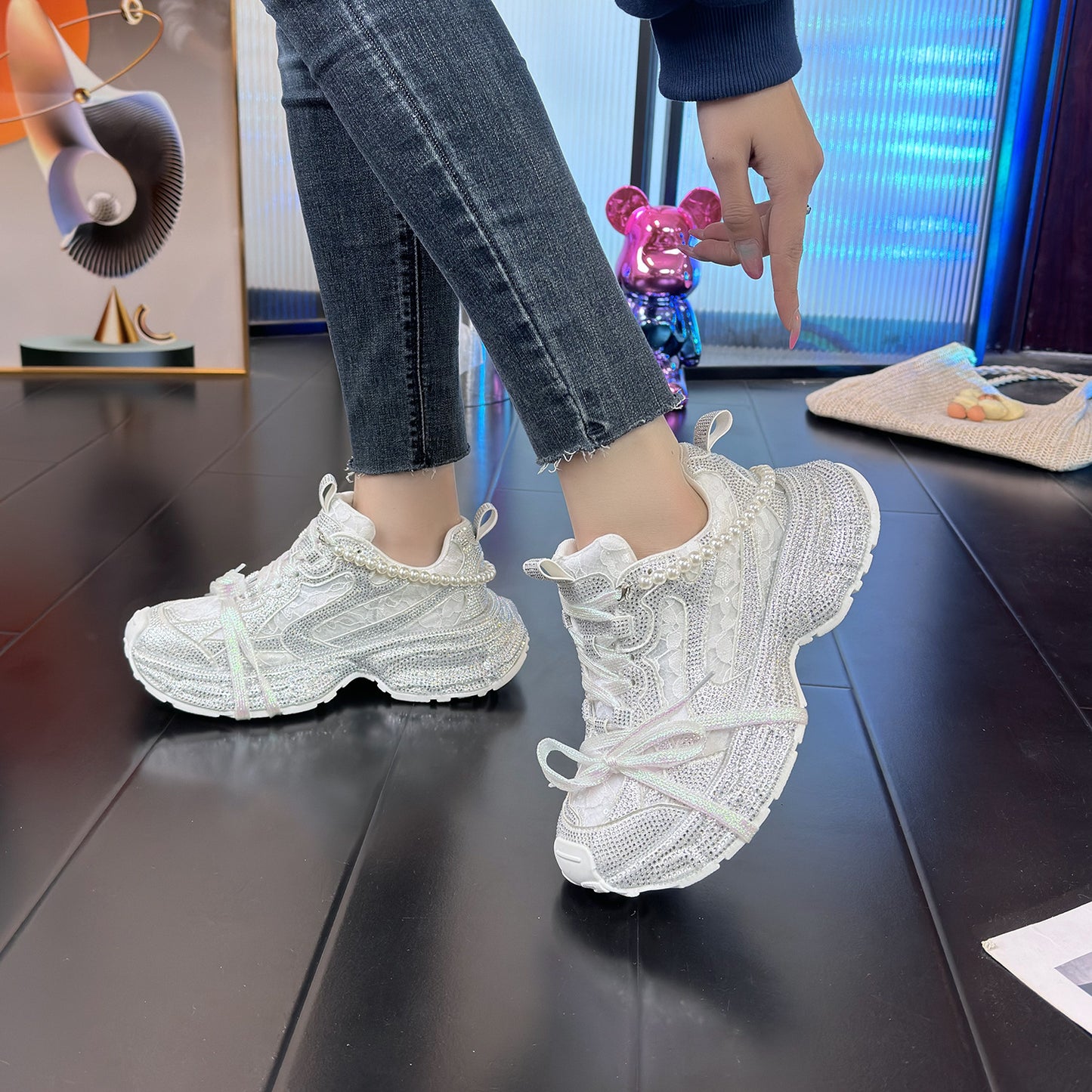 Women's Crystal Full Diamond Mesh Ice Feeling Breathable Type Dad Sneakers