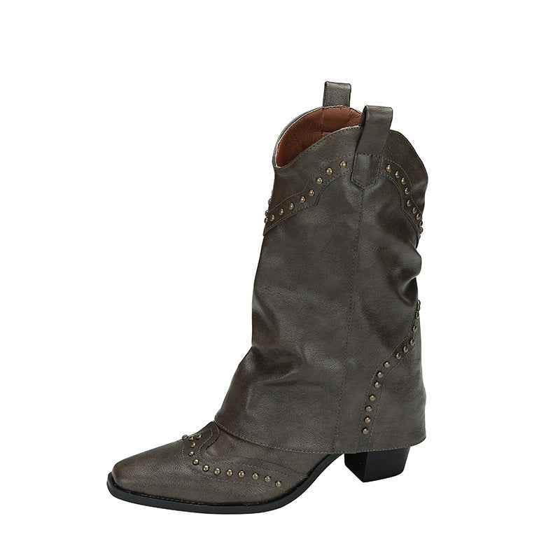 Pointed Rivets Long Female Small High Platform Below The Knee Women's Leather Boots