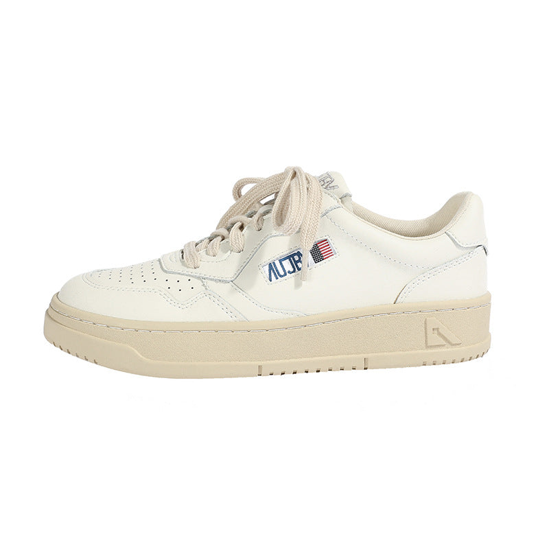 Women's White Calf Stitching Retro Round Toe Sneakers