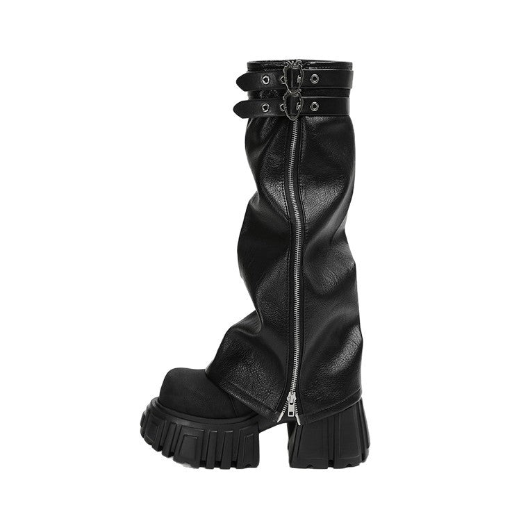 Small Height Increased Leg Warmer Knee-high Black Motorcycle Pants Martin Women's Leather Boots