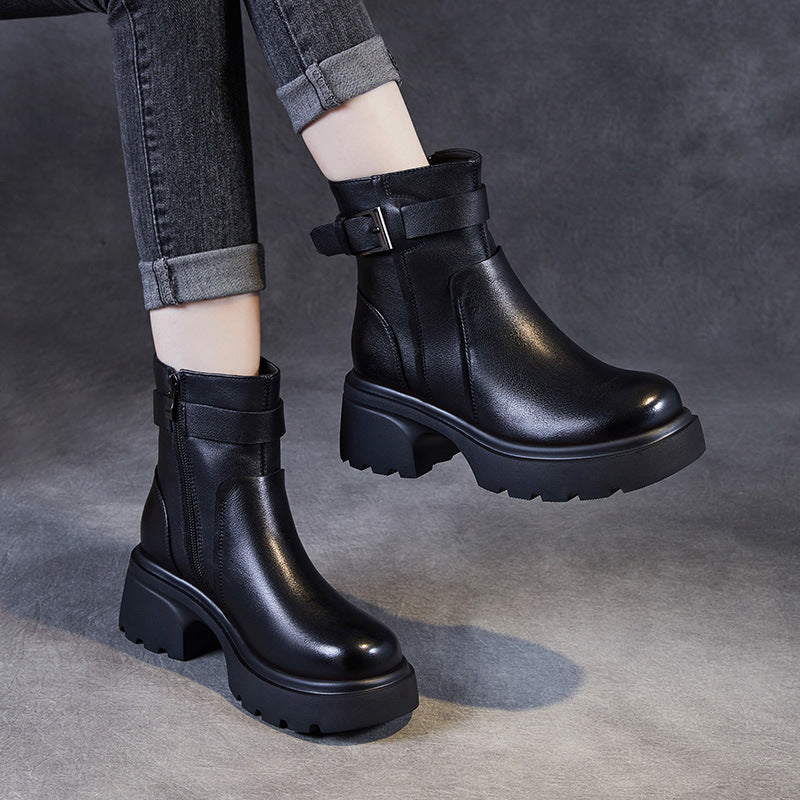 Women's Elevator Platform Chelsea Fleece-lined British Style Women's Leather Boots