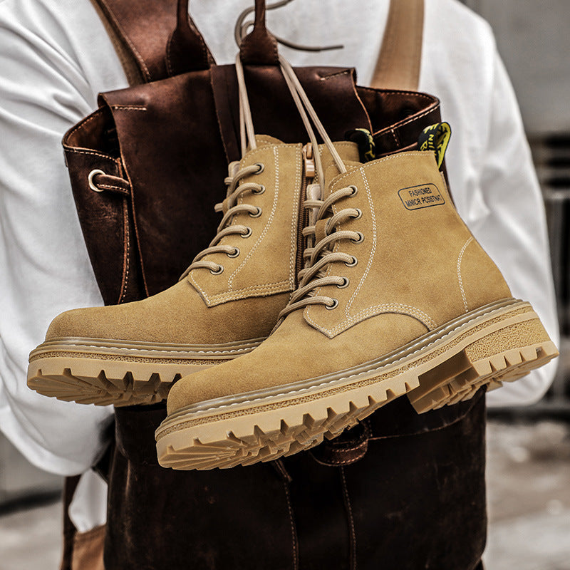 Men's Side Zipper Working Middle High Top Genuine Men's Shoes