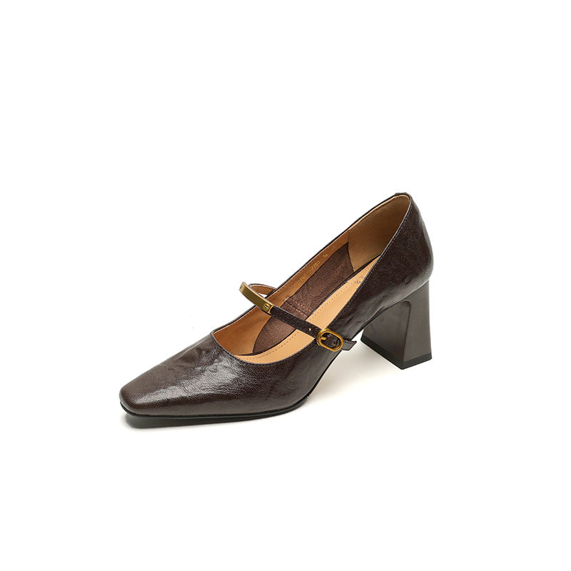Women's French Retro Authentic Square Toe High Chunky Brown Thin Plus Women's Casual Shoes