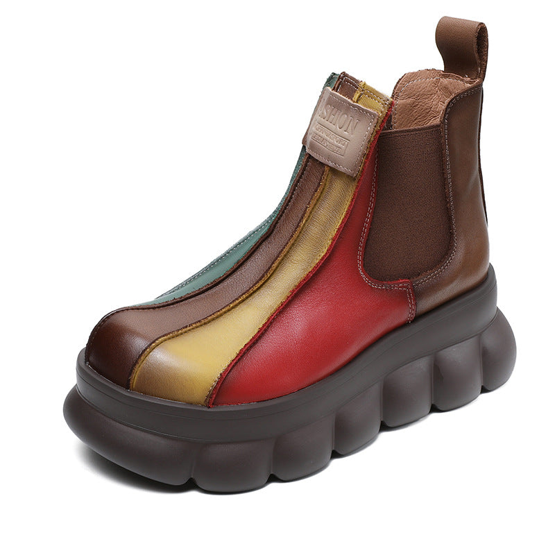 Women's Platform Wedge Rainbow Round Toe Top Layer Cowhide Boots