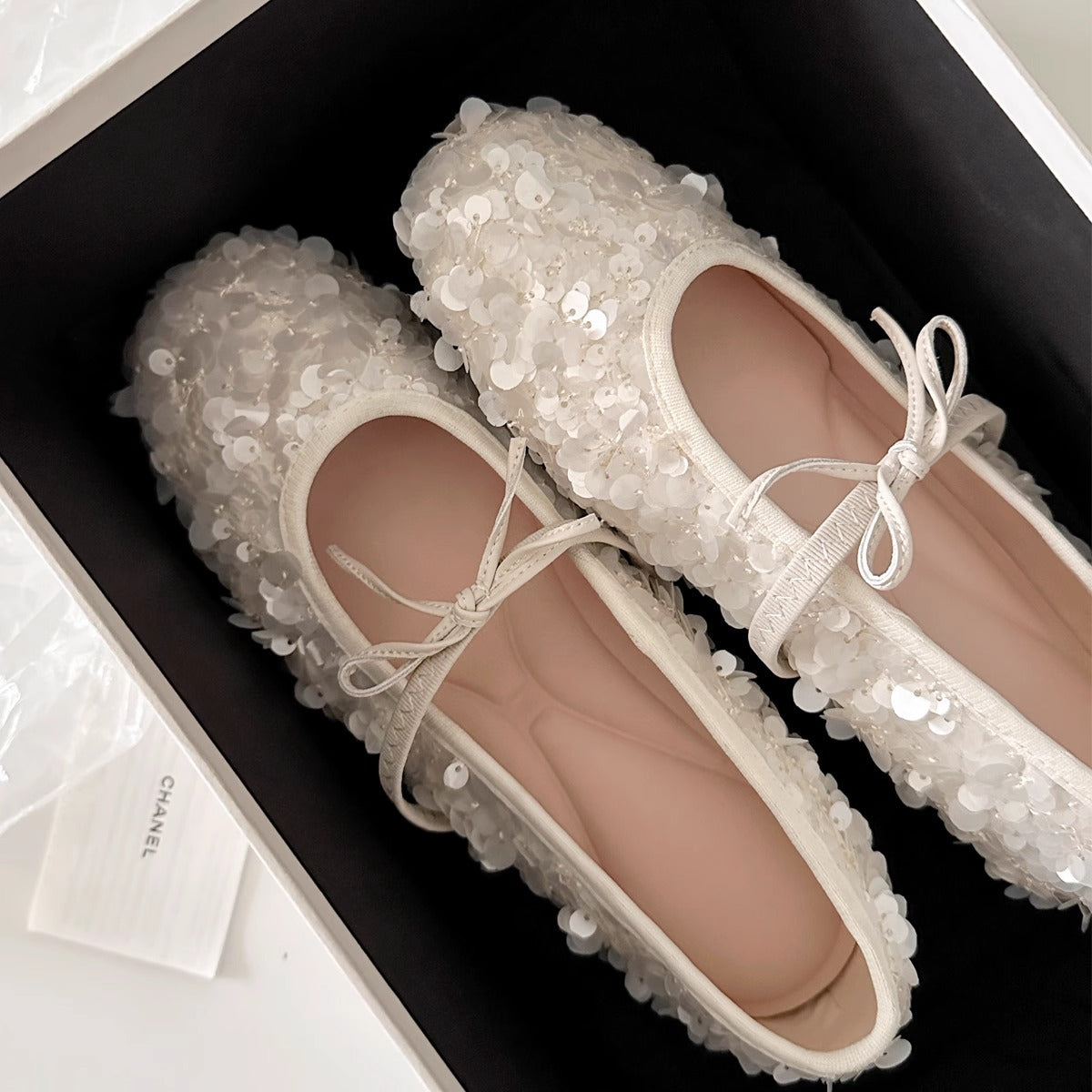 Women's Round Toe Sequined Bow Ballet Low-cut Flat French Gentle Dress Women's Fashion Shoes