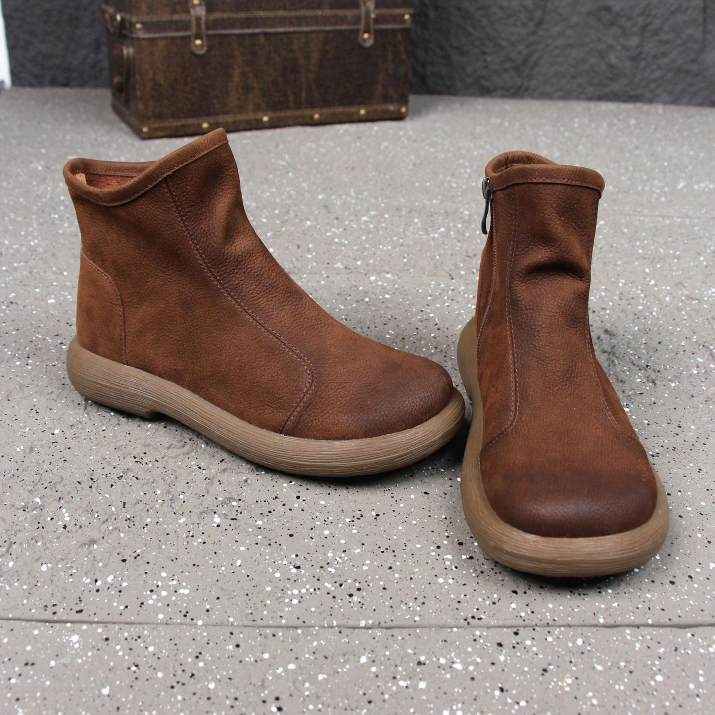 Women's Cowhide Retro Round Toe Side Zipper Short Boots