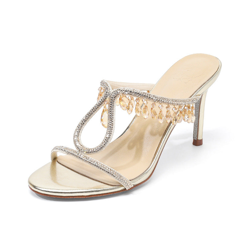 French Style Strap Pendant Rhinestone Ribbon Champagne Fairy Summer Slippers