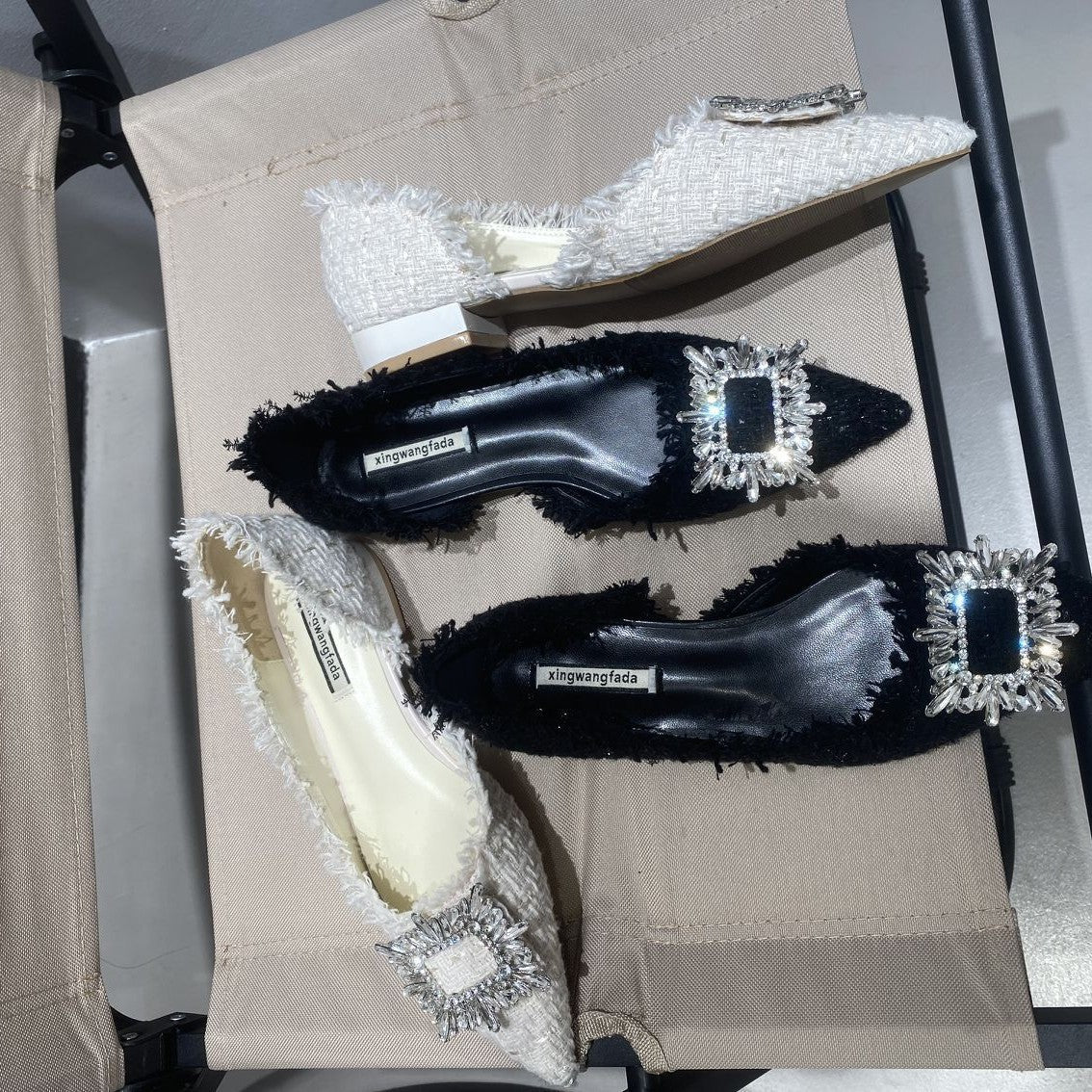 Women's Rhinestone Pointed Toe Square Buckle Chunky Low Casual Shoes