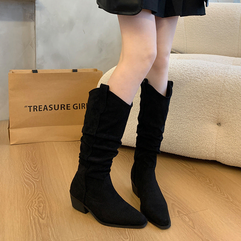 Women's Size Suede Pile Style Western Cowboy Thick Leg Long Boots