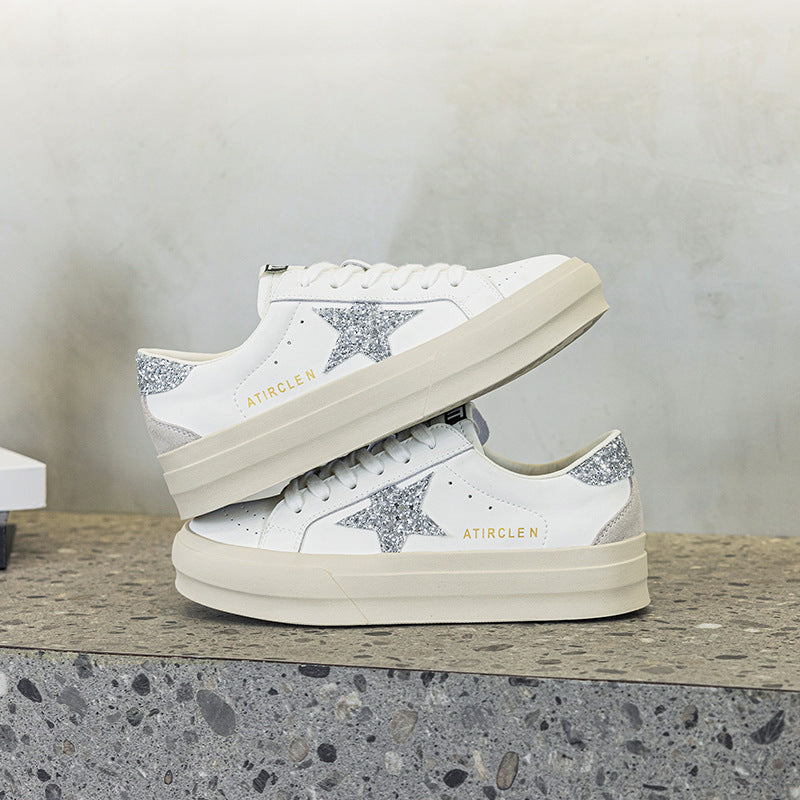 Women's Star Pattern Sports Increased Lace Up Breathable White Sneakers