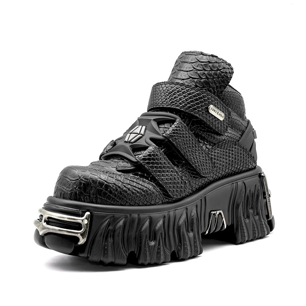 Women's Punk Height Increasing Muffin Tank Bottom Black Python Women's Leather Boots