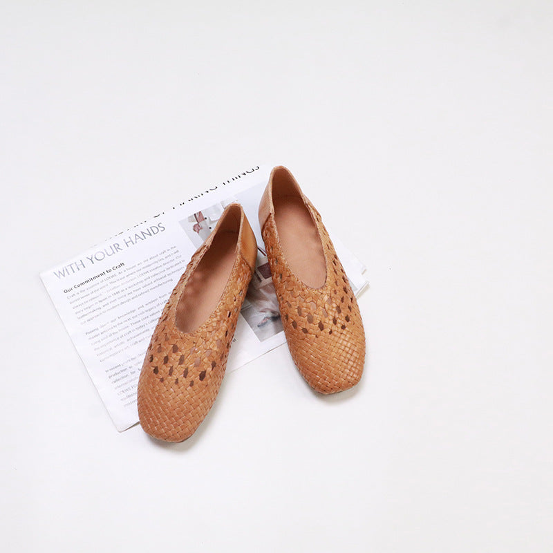 Women's Handmade Braided Square Toe Hollow Flat Women's Casual Shoes