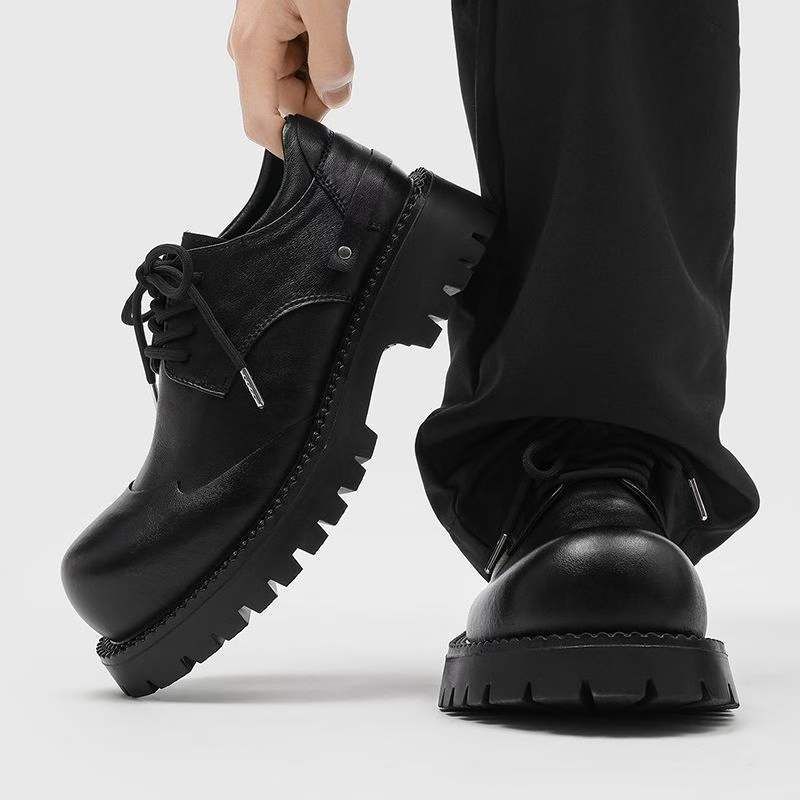 Men's Black Warped Head Thick Bottom Big British Style Men's Casual Leather Shoes