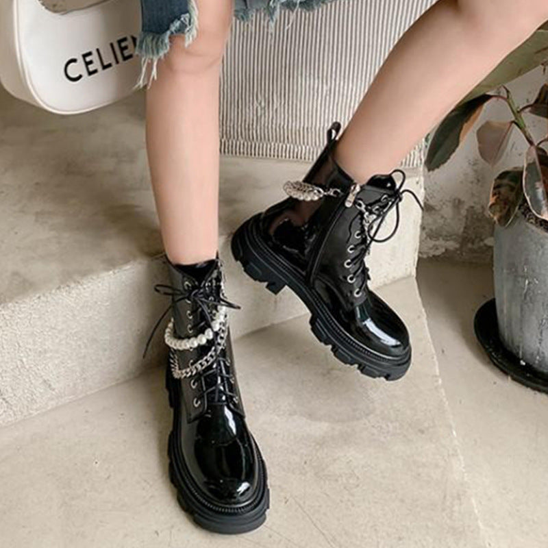 Women's Black Martin Pearl Chain Cool Patent Boots